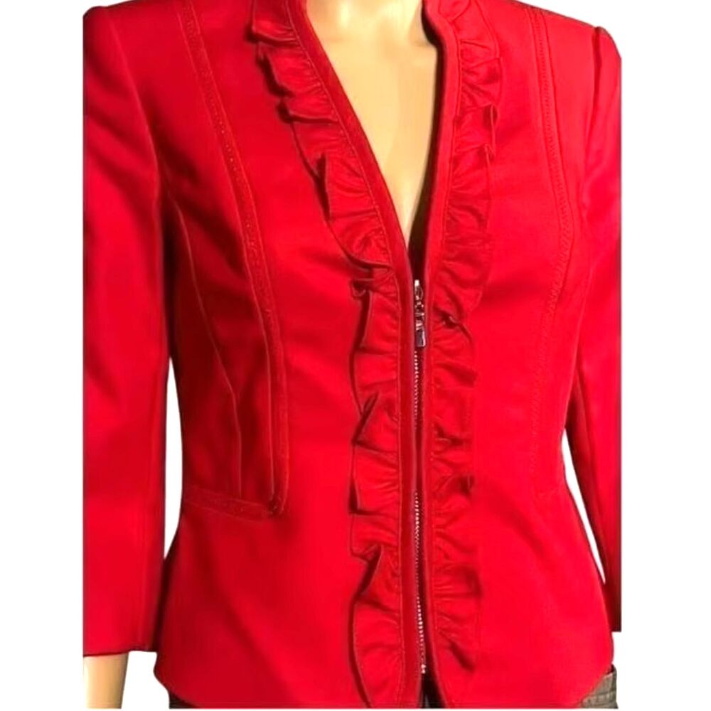 White House Black Market Red 3/4 Sleeve Ruffle Blazer Women Size M